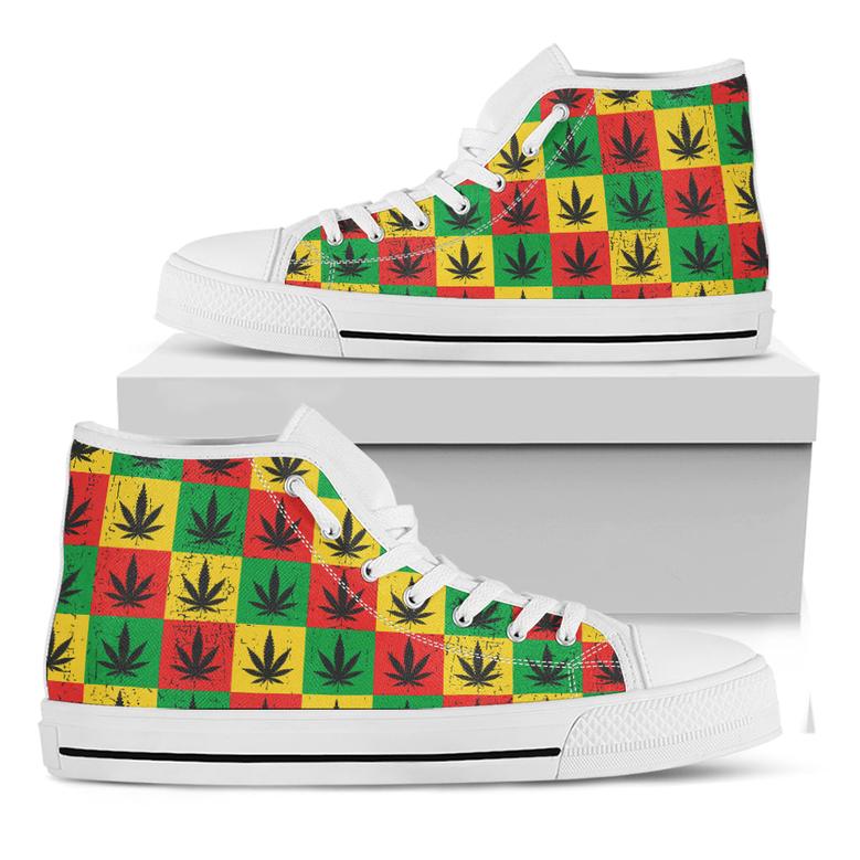 Reggae Marijuana Leaf Pattern Print White High Top Shoes