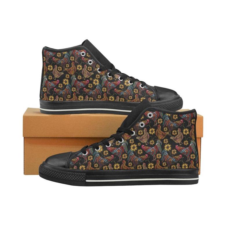Rooster Chicken Flower Pattern Women's High Top Shoes Black