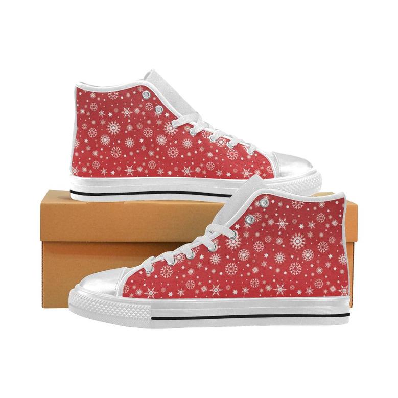 Snowflake pattern red background Women's High Top Shoes White