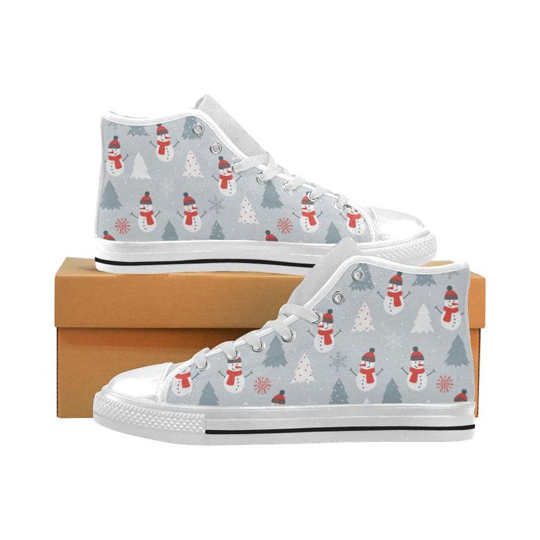Snowman christmas tree snow gray background Men's High Top Shoes White