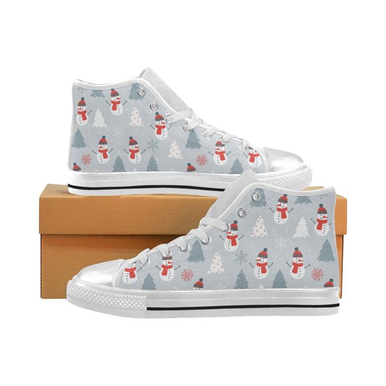 Snowman christmas tree snow gray background Women's High Top Shoes White