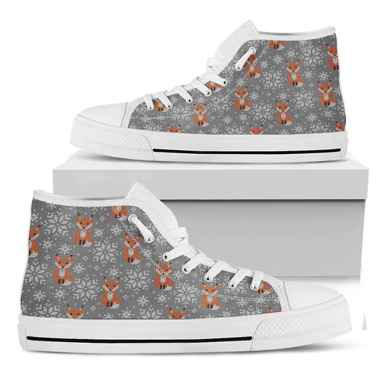 Snowy Fox Knitted Pattern Print White High Top Shoes