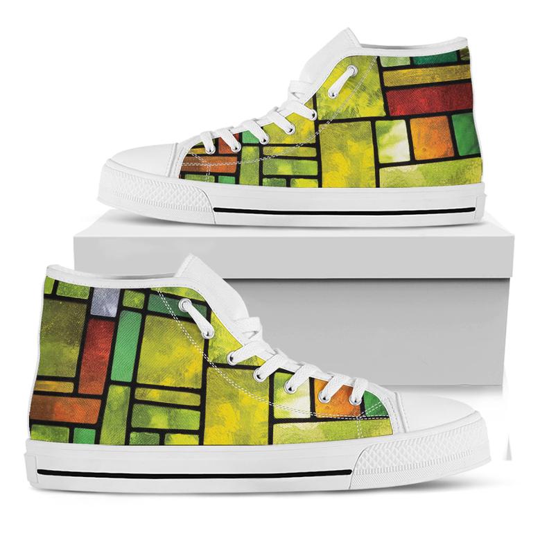 Square Stained Glass Mosaic Print White High Top Shoes