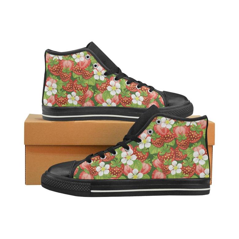 Strawberry Leaves Flower Pattern Men's High Top Shoes Black