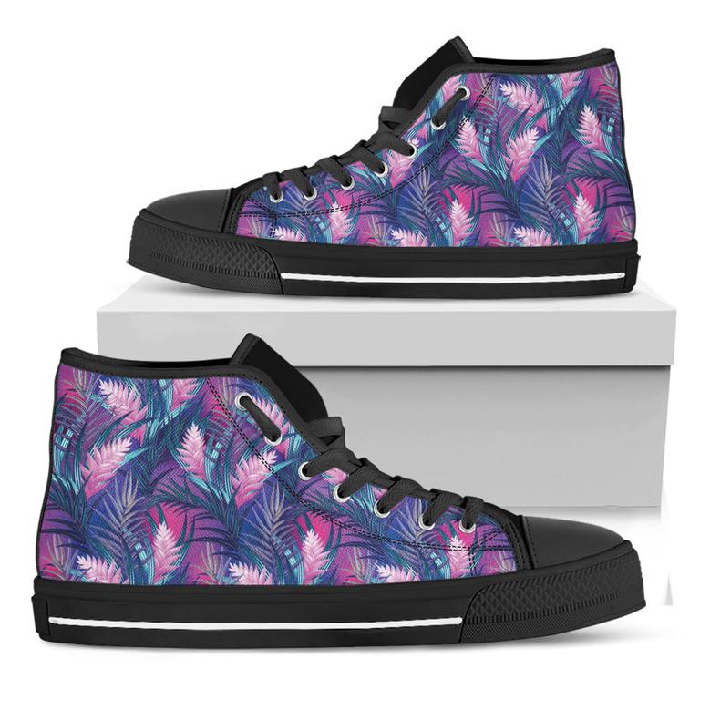 Teal And Pink Tropical Floral Print Black High Top Shoes