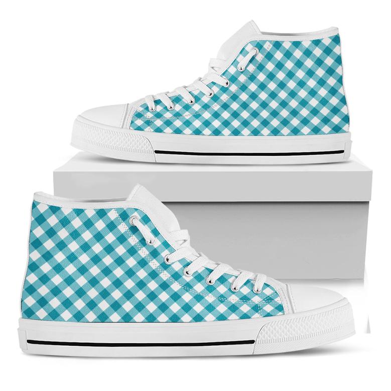 Teal And White Gingham Pattern Print White High Top Shoes