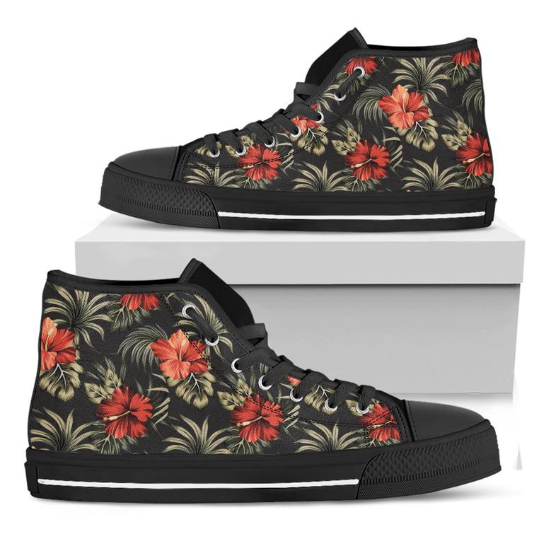 Vintage Tropical Hibiscus Floral Print Black High Top Shoes
