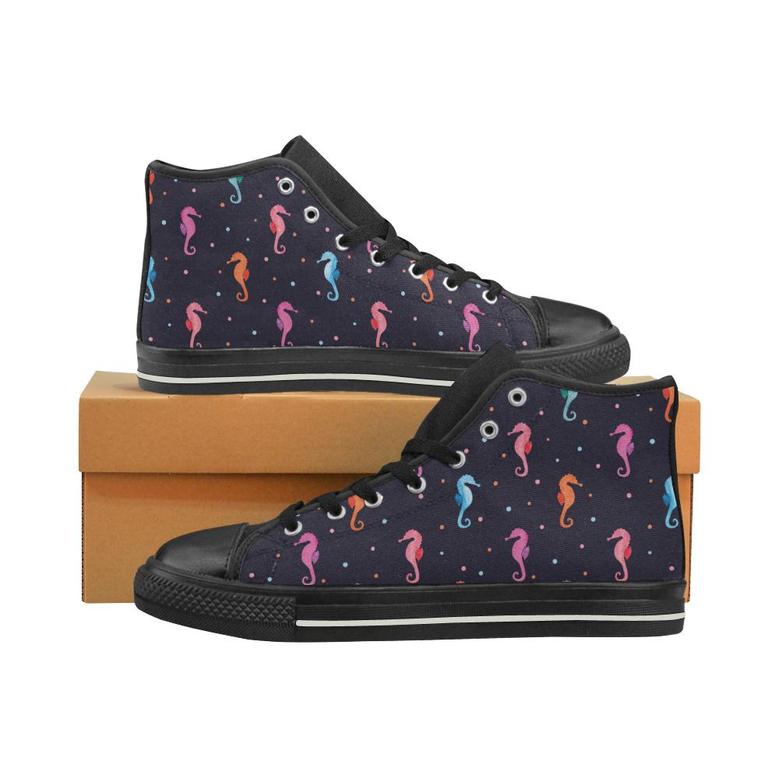 Watercolor colorful seahorse pattern Men's High Top Shoes Black