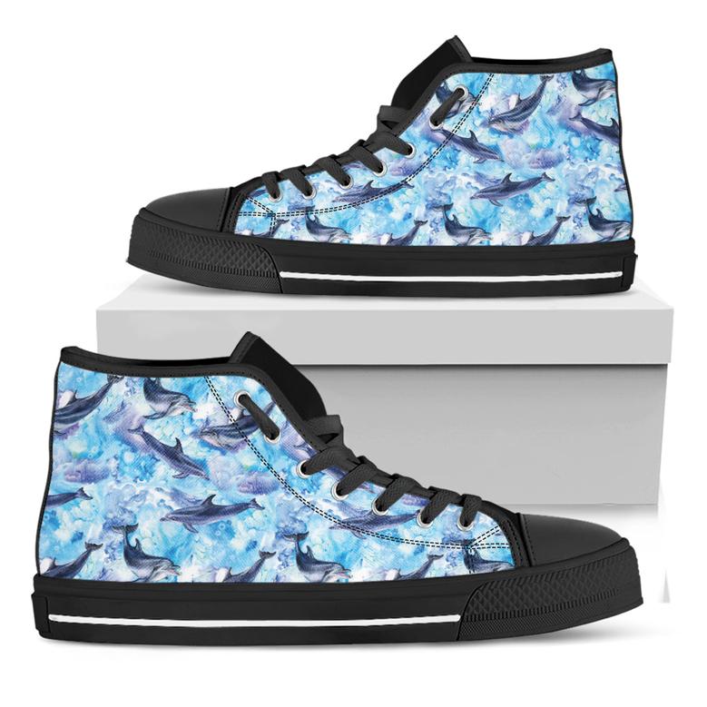 Watercolor Dolphin In The Sea Print Black High Top Shoes