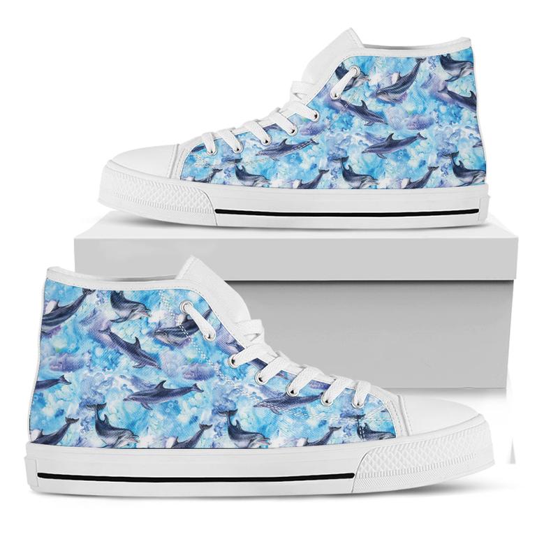 Watercolor Dolphin In The Sea Print White High Top Shoes