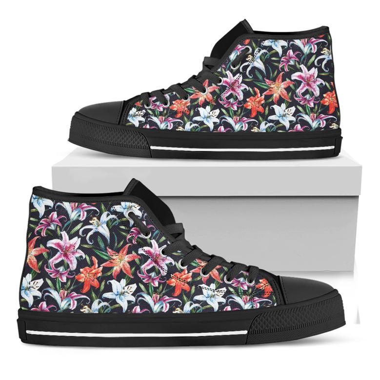 Watercolor Lily Flowers Pattern Print Black High Top Shoes