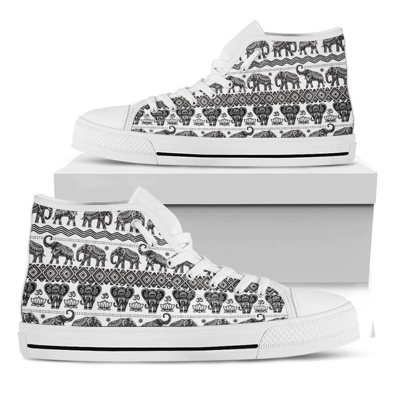 White And Black Indian Elephant Print White High Top Shoes