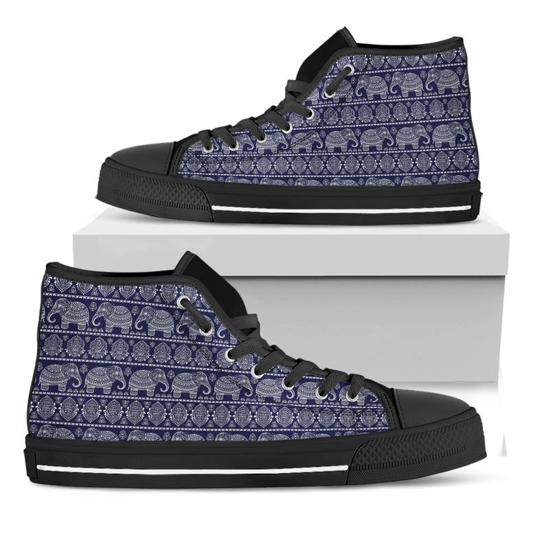 White And Blue Indian Elephant Print Black High Top Shoes