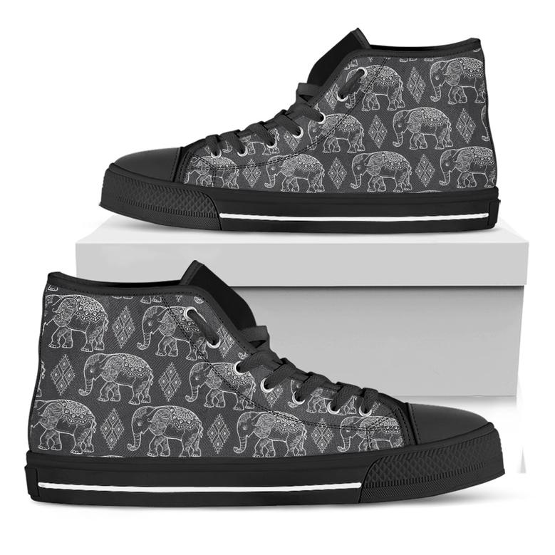 White And Grey Indian Elephant Print Black High Top Shoes