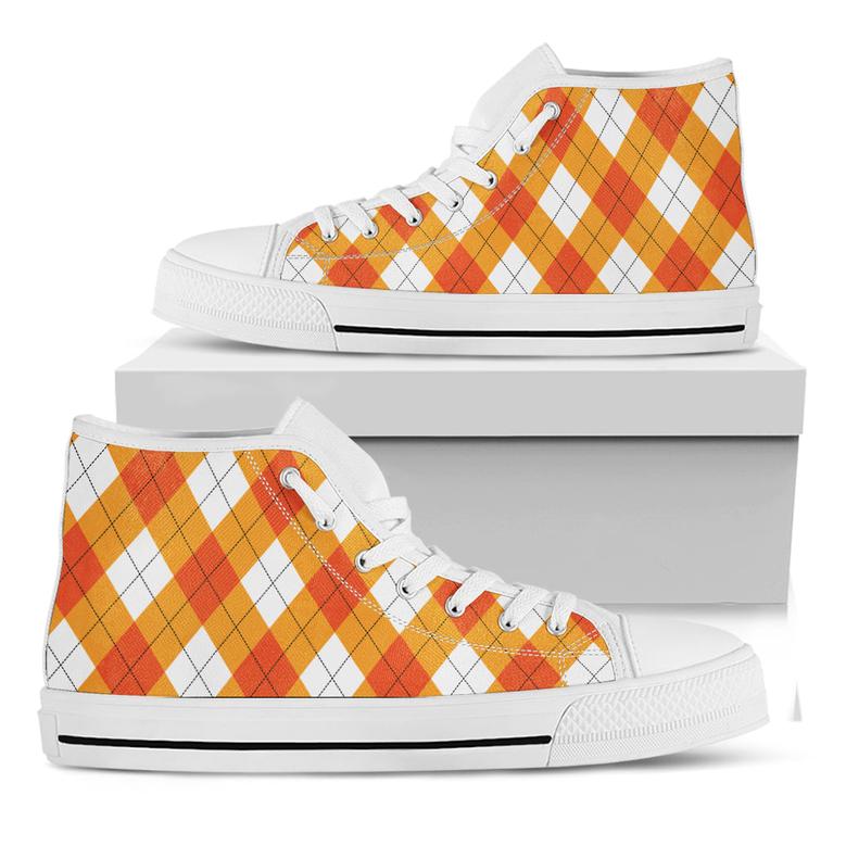 White And Orange Argyle Pattern Print White High Top Shoes
