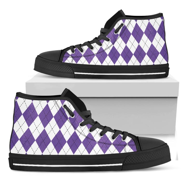 White And Purple Argyle Pattern Print Black High Top Shoes