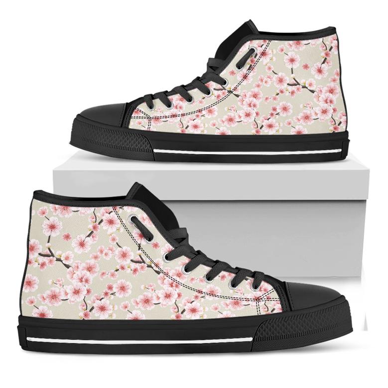 White Cherry Blossom Pattern Print Black High Top Shoes