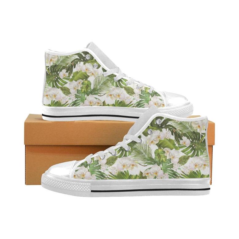White orchid flower tropical leaves pattern Men's High Top Shoes White