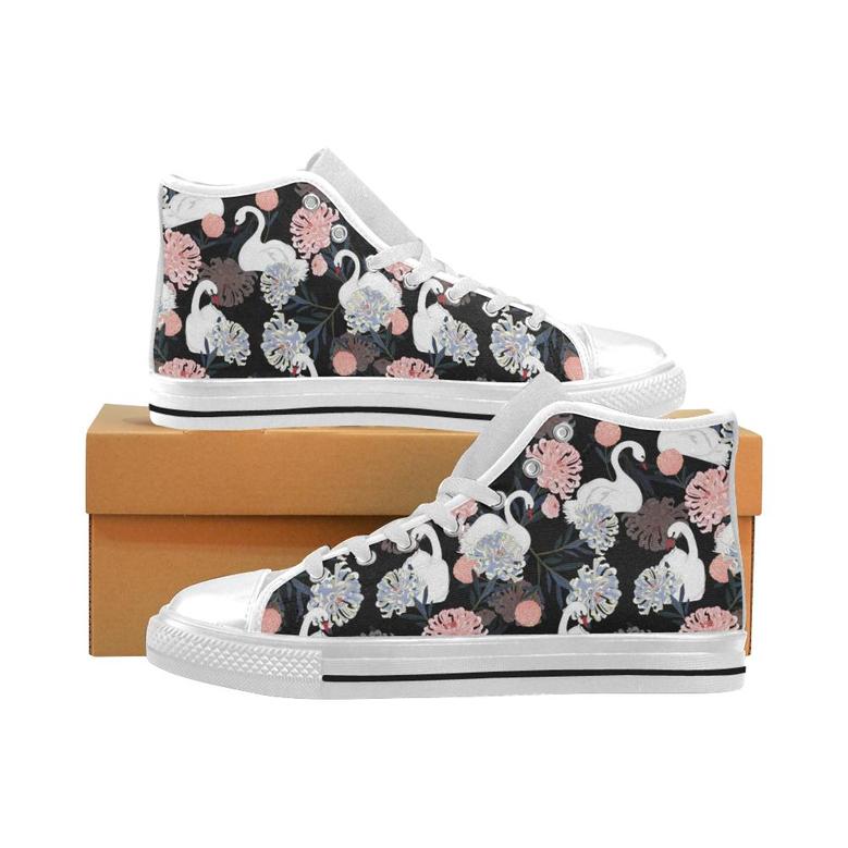 white swan blooming flower pattern Men's High Top Shoes White