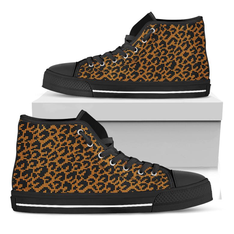 Wild Leopard Knitted Pattern Print Black High Top Shoes
