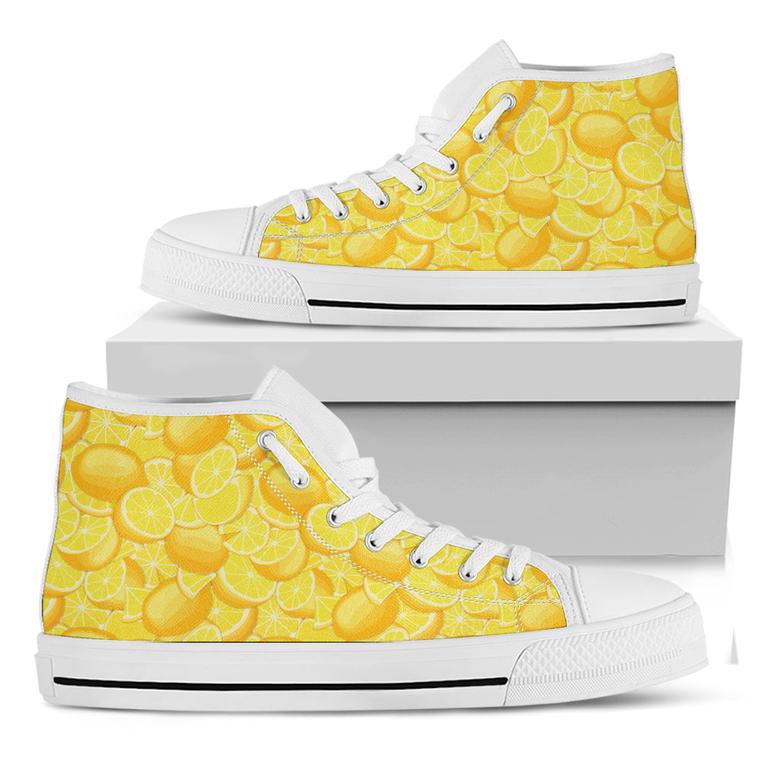 Yellow Lemon Pattern Print White High Top Shoes