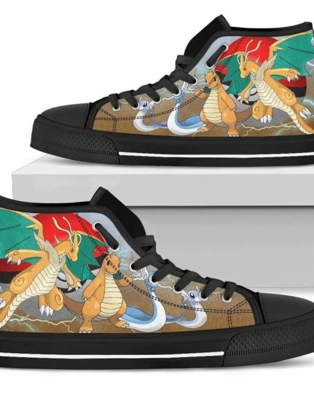 Dragonite Anime Japan Pokemon Design Art For Fan Sneakers Black High Top Shoes For Men And Women