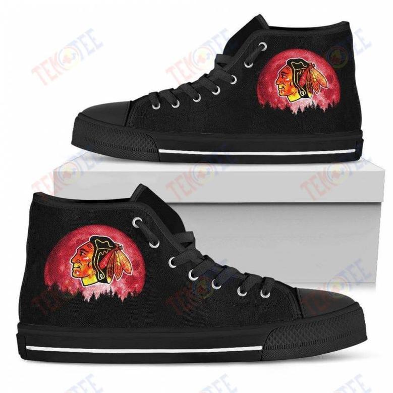 Mens Womens Chicago Blackhawks High Top Shoes Halloween Orange Moon Mystery Custom Canvas Shoes