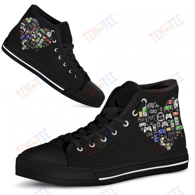 Mens Womens Game Heart Love Game Controller Unisex High Top Shoes Nes Controller Shoes Custom Canvas