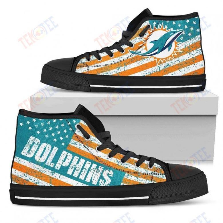 Mens Womens Miami Dolphins High Top Shoes America Flag Italic Vintage Style Custom Canvas Shoes