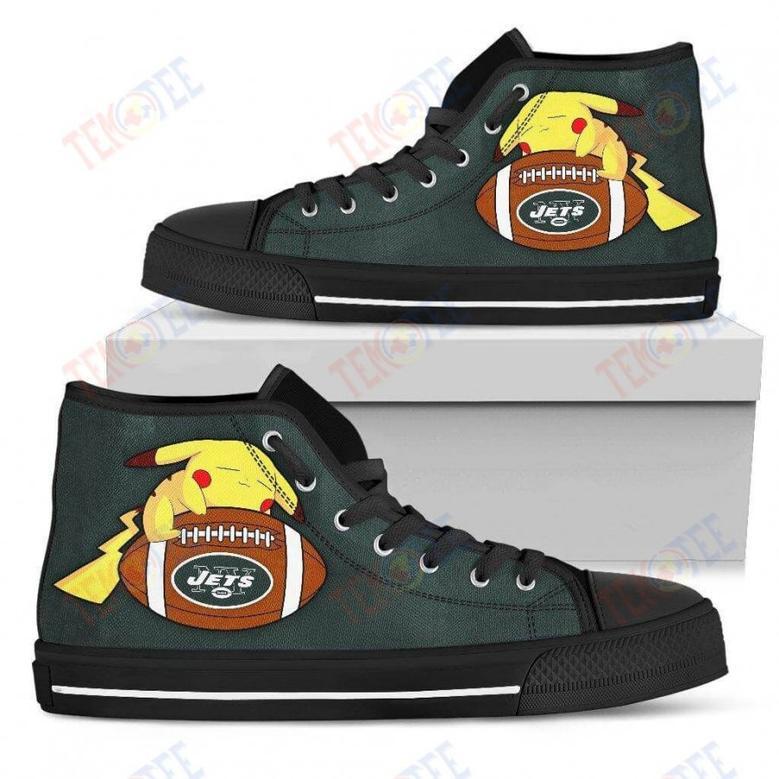 Mens Womens New York Jets High Top Shoes Happy Pikachu Laying On Balltop Quality