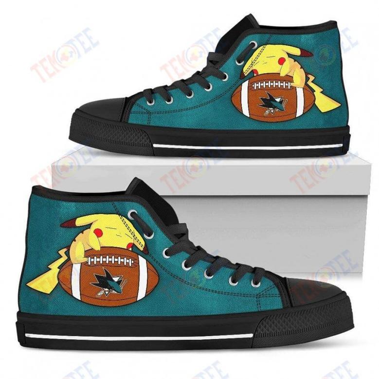 Mens Womens San Jose Sharks High Top Shoes Colorful Pikachu Laying On Balltop Quality