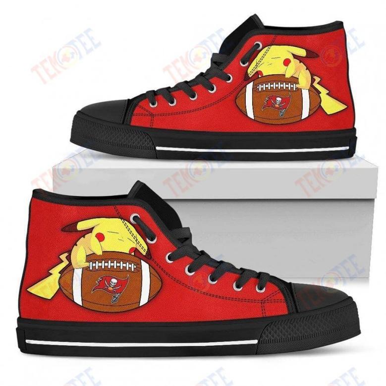 Mens Womens Tampa Bay Buccaneers High Top Shoes Like Pikachu Laying On Balltop Quality