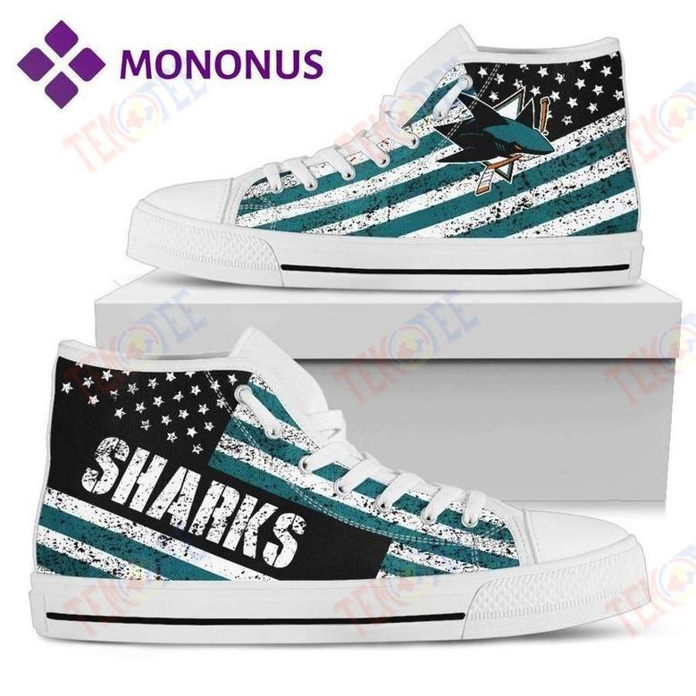 Mens Womens Vintage America Flag San Jose Sharks High Top Shoes White For Men And Women Nice And Comfortable