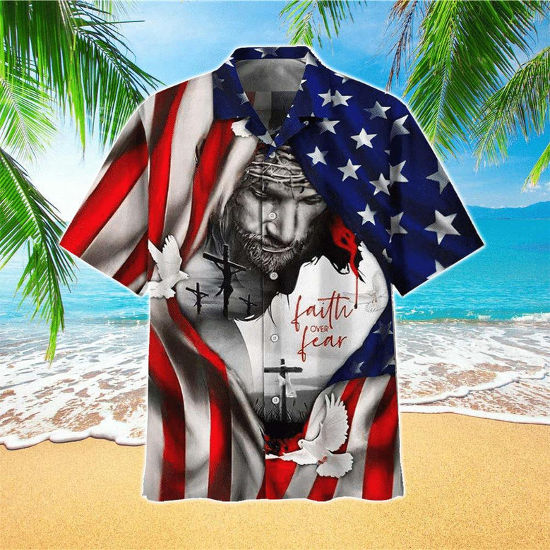 American Flag Faith Over Fear Jesus Hawaiian Shirt - Christian Hawaiian ...