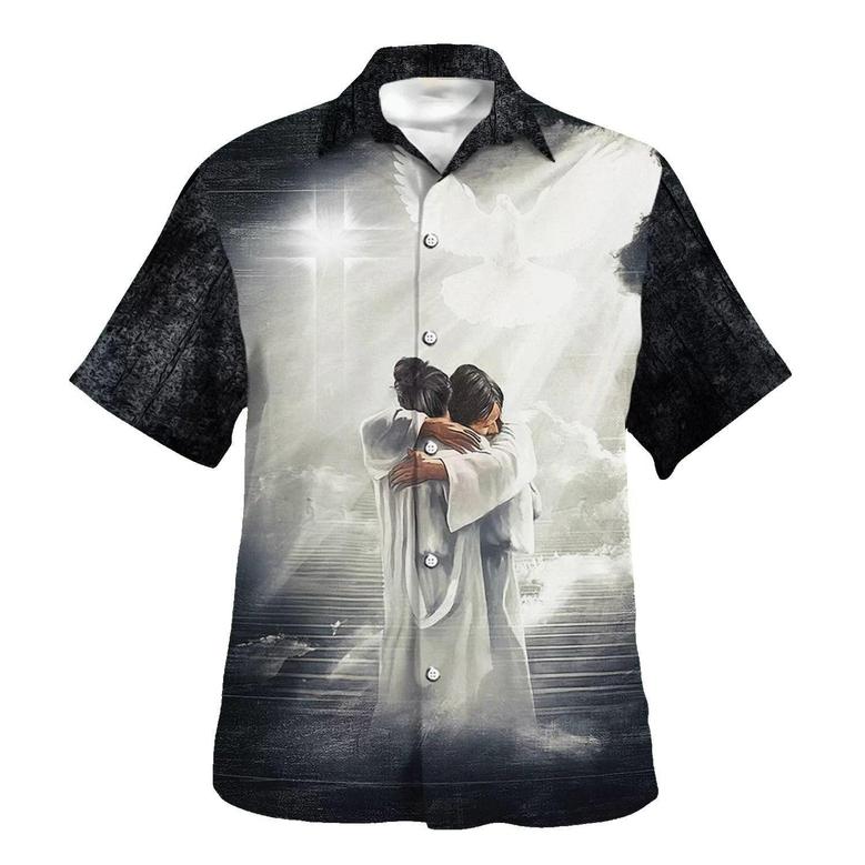 Man Hugging Jesus In Heaven Hawaiian Shirts For Men & Women