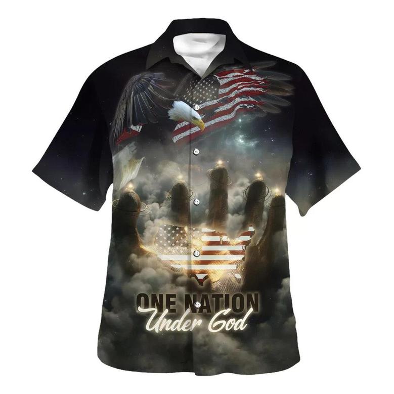 One Nation Under God American Flag With Jesus Cross Tee For Freedom Day Hawaiian Shirt