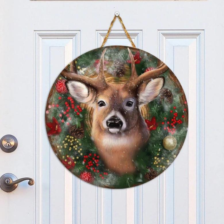 Deer Merry Christmas Round Wood Sign