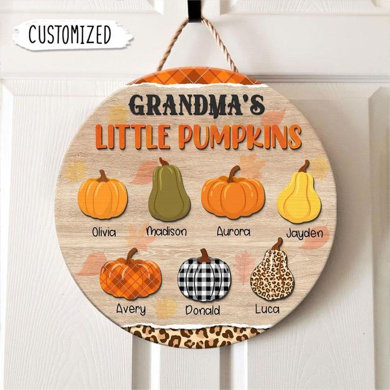 Grandma's Little Pumpkins Hello Fall Custom Round Wood Sign