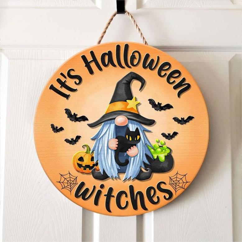 Halloween Gnome Door Sign, Halloween Decorations Outdoor Round Wood Sign