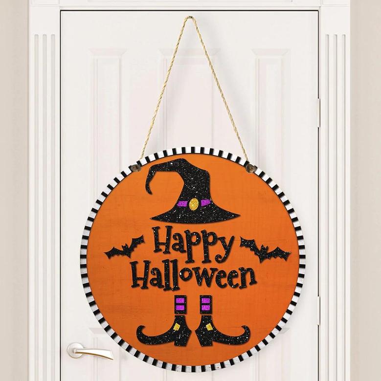 Happy Halloween Witch Bat Round Wood Sign