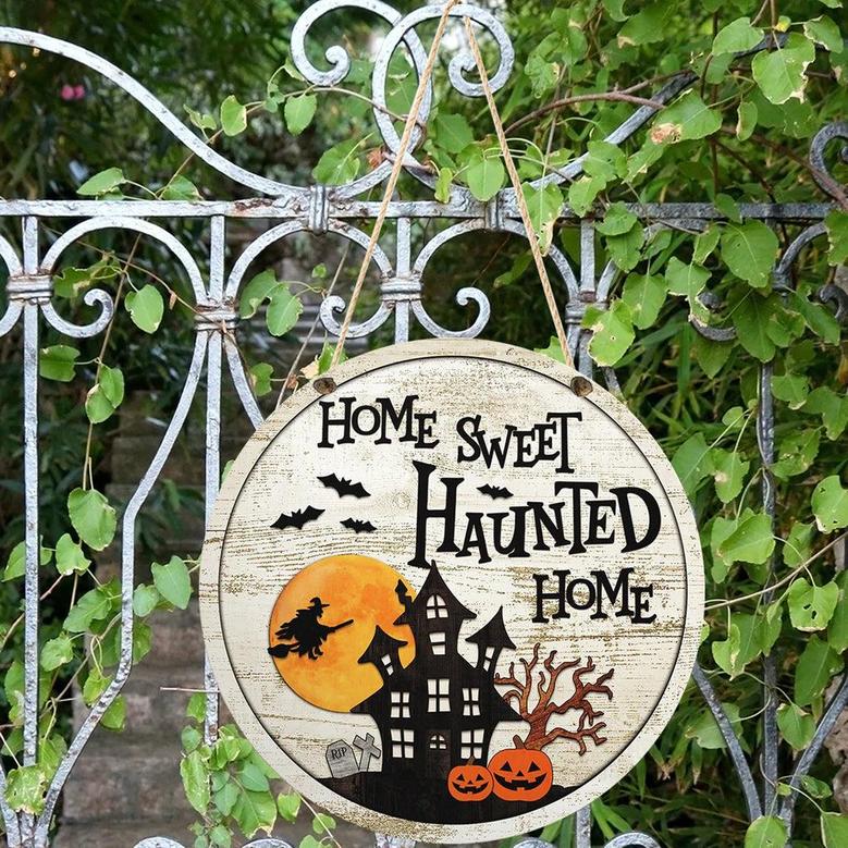 Haunted Home Halloween Round Wood Sign