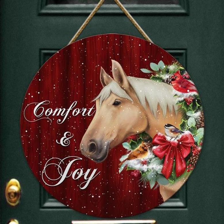 Horse Christmas Red Custom Round Wood Sign