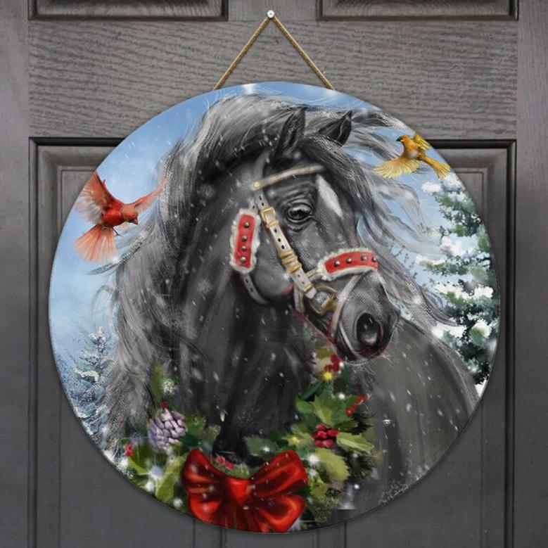 Horse Merry Christmas Round Wood Sign