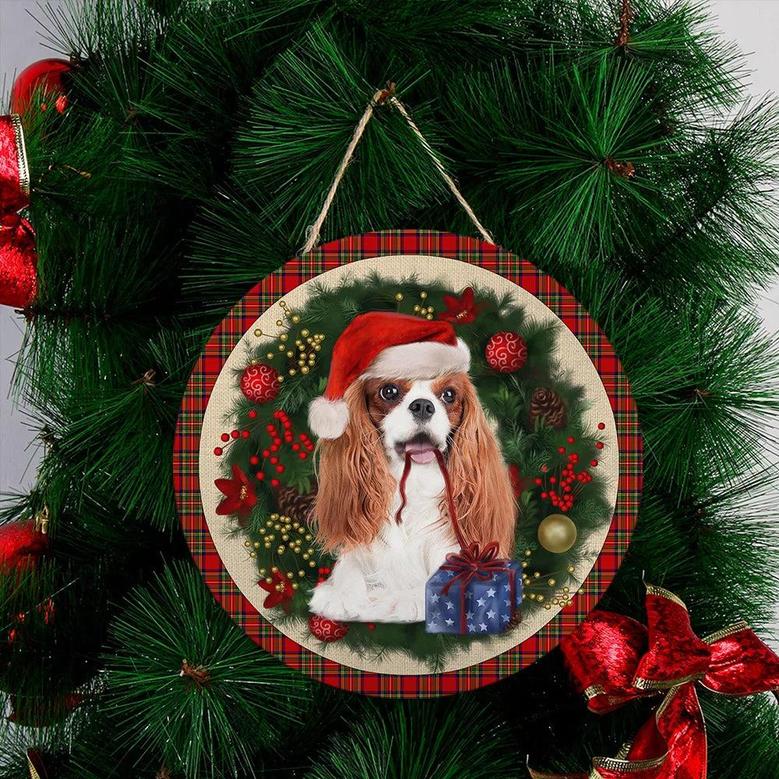 Merry Christmas Cavalier King Charles Spaniel Round Wood Sign