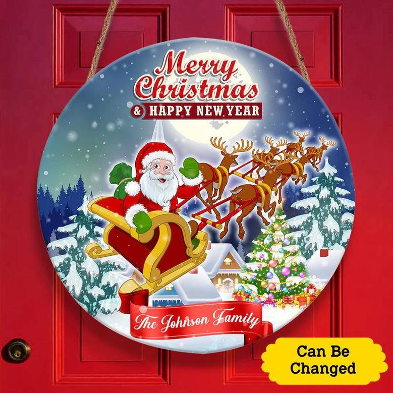 Merry Christmas Santa's Reindeer Sleigh Ride Custom Round Wood Sign