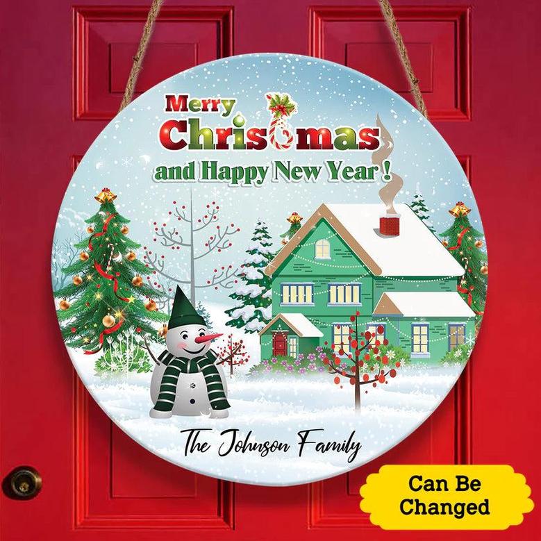 Merry Christmas Snowman And House Custom Round Wood Sign