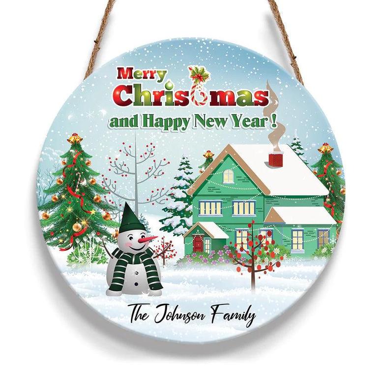 Merry Christmas Snowman And House Custom Round Wood Sign