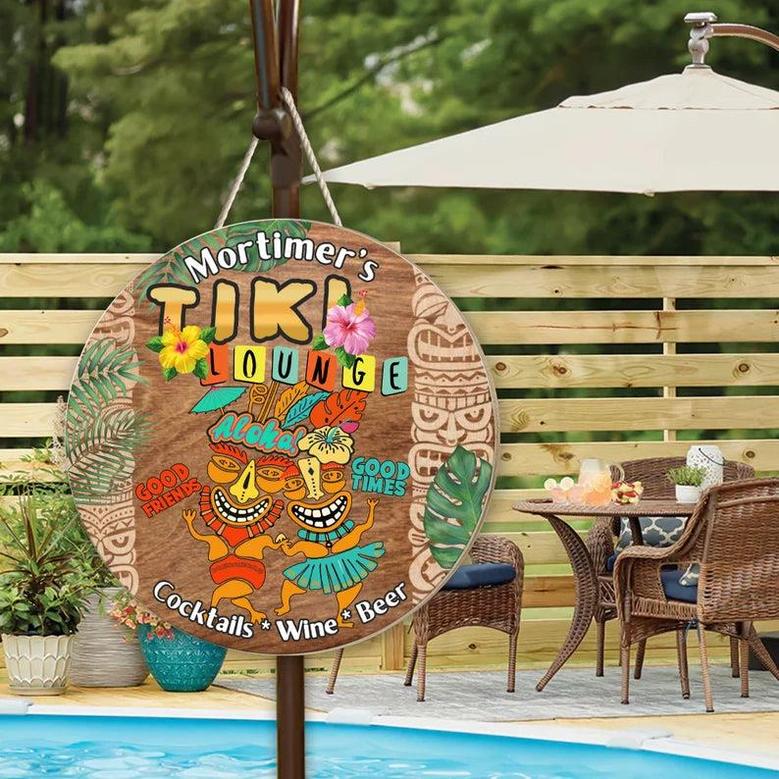 Tiki Lounge Beach Sign for Bars, Backyard, Pools, Patio, Restaurants Custom Round Wood Sign