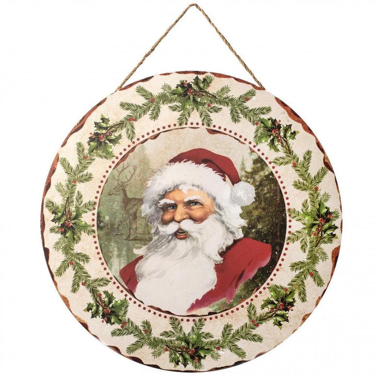 Vintage Santa Round Wood Sign