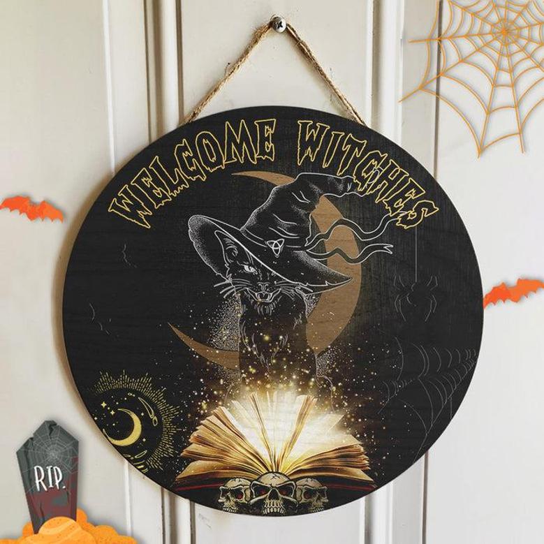 Welcome Witches Black Spooky Halloween Round Wood Sign